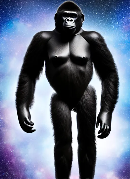 Image similar to studio photo still of a full body gorilla in a space suit, 8 k, studio lighting, key light from right side,