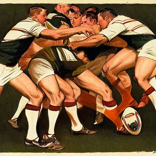 Image similar to 1920s full color illustraion by J.C. Leyendecker of handsome male rugby players in a scrum on the field, rugby ball on the ground in between the handsome rugby players