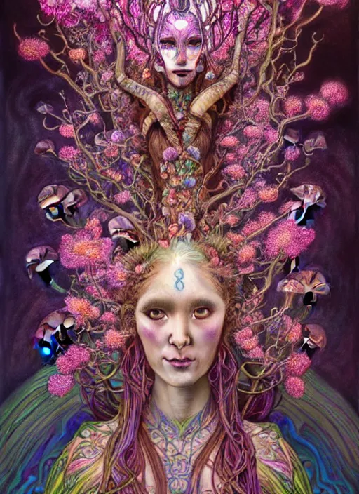 Prompt: extremely psychedelic organic shaman made of orchid and cherry blossom tree and mushroom, diffuse lighting, fantasy, intricate, elegant, highly detailed, lifelike, photorealistic, digital painting, artstation, illustration, concept art, smooth, sharp focus, art by John Collier and Albert Aublet and Krenz Cushart and Artem Demura and Alphonse Mucha