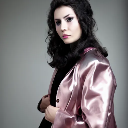 Image similar to female, beautiful, portrait, photograph, looking at viewer, silver pink black jacket,