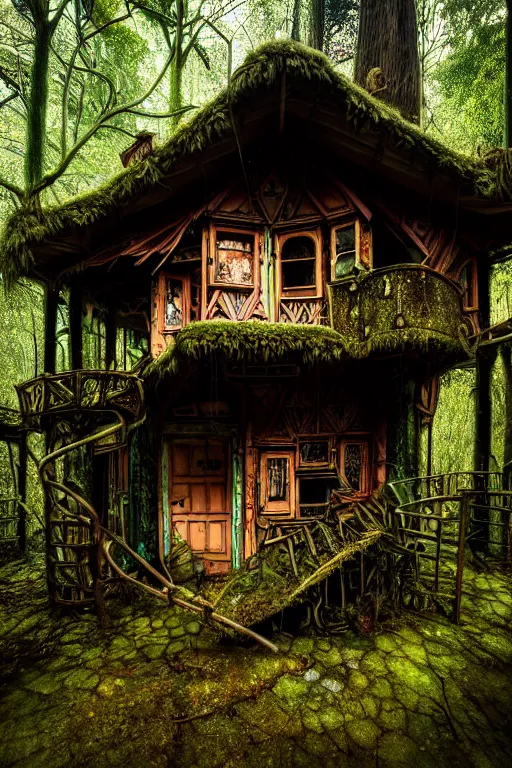 Image similar to a photograph of a ramshackle multistory fairytale hut in the forest, intricate, elegant, fantasy, highly detailed, overcast lighting, sharp focus