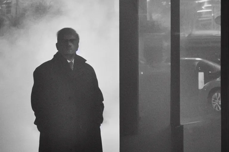 Image similar to an ultra realistic cinematic headshot portrait of an evil scientist, stood outside a corner shop, foggy, detailed, deep focus, movie still, dramatic lighting, by fay godwin