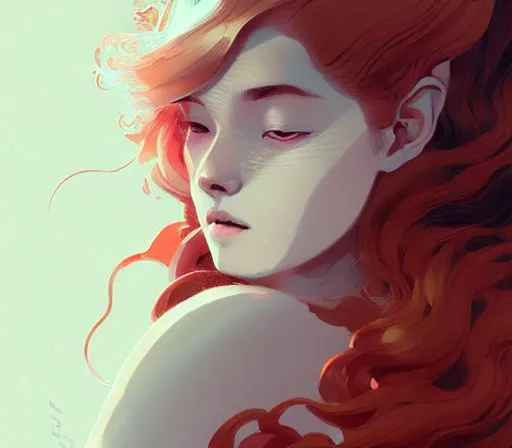 Image similar to beautiful artistic - wave highly detailed portrait female, with kitsune mask, long red hair, by atey ghailan, by greg rutkowski, by greg tocchini, by james gilleard, by joe fenton, by kaethe butcher, dynamic lighting, gradient light blue, brown, blonde cream and white color scheme, grunge aesthetic