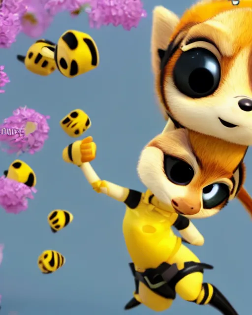 Image similar to female bumblebee mini cute style, highly detailed, rendered, ray - tracing, cgi animated, 3 d demo reel avatar, style of maple story and zootopia, maple story gun bumblebee girl, bee chibi, soft shade, soft lighting