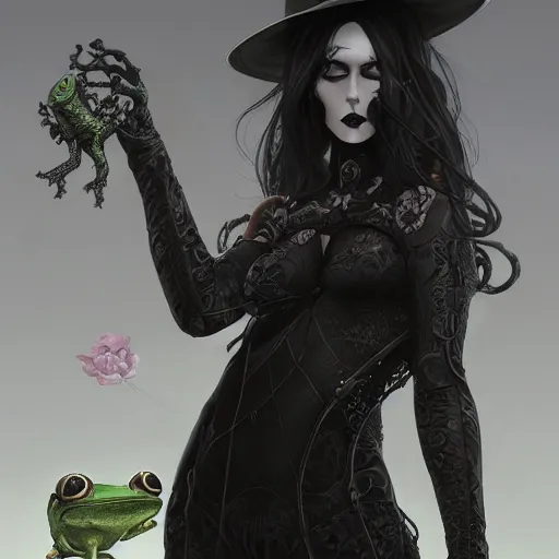 Image similar to attractive goth woman with a frog, intricate, highly detailed, digital painting, artstation, concept art, smooth, sharp focus, illustration, unreal engine 5, 8 k, art by artgerm and greg rutkowski and alphonse mucha