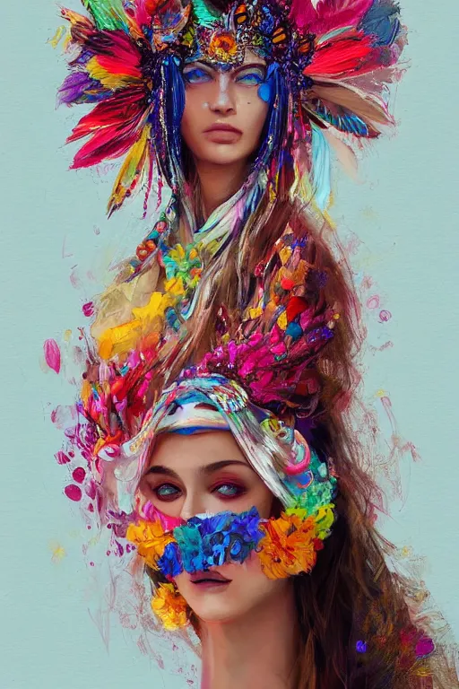 Prompt: a colorful vibrant illustration of a fashion model wearing an alexander mcqueen headdress with beads hanging over her eyes, by magali villeneuve, artgerm, jeremy lipkin and michael garmash, rob rey and kentaro miura style, trending on art station