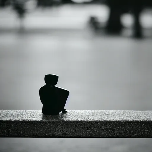 Image similar to macro photography of a tiny plastic depressed man in a suit, sitting on a bench with his cat, 3 5 mm macro shot,