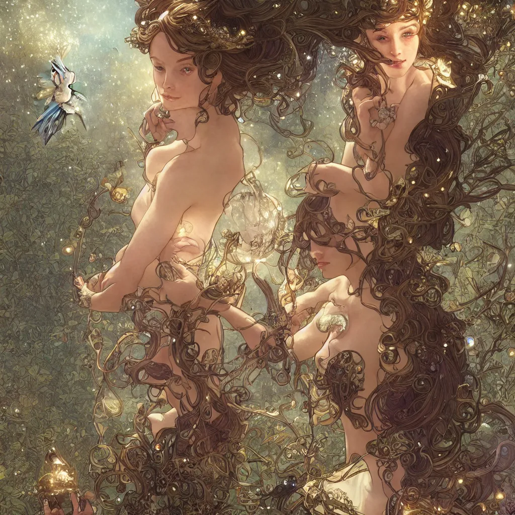 Image similar to a beautiful fairy next to a giant snail with sparkles, D&D, fantasy, intricate, cinematic lighting, highly detailed, digital painting, artstation, concept art, smooth, sharp focus, illustration, art by Terry Moore and Greg Rutkowski and Alphonse Mucha