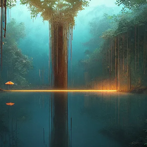 Prompt: hypnagogic reflections in the cenotes by Simon stalenhag and makoto shinkai