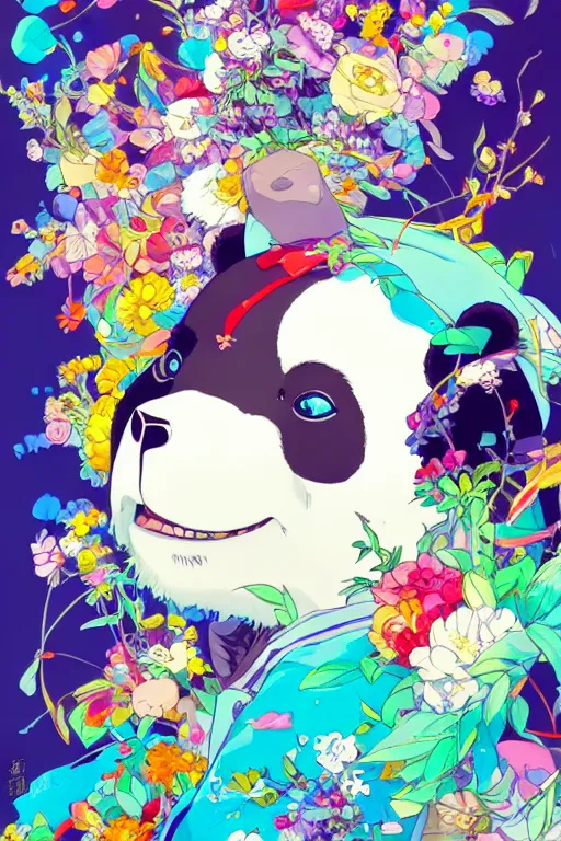 Prompt: maximalist joyful panda, trending on pixiv fanbox, painted by makoto shinkai takashi takeuchi studio ghibli, akihiko yoshida, yoshitaka amano, wangechi mutu, clean cel shaded vector art. shutterstock. behance hd by lois van baarle, artgerm, helen huang, rossdraws, illustration