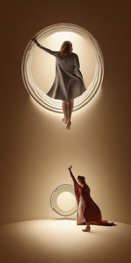 Image similar to a beautiful painting of a fully clothed woman emerging from a stargate by francesca woodman by octane render blender 8 k isometric dof spot lighting