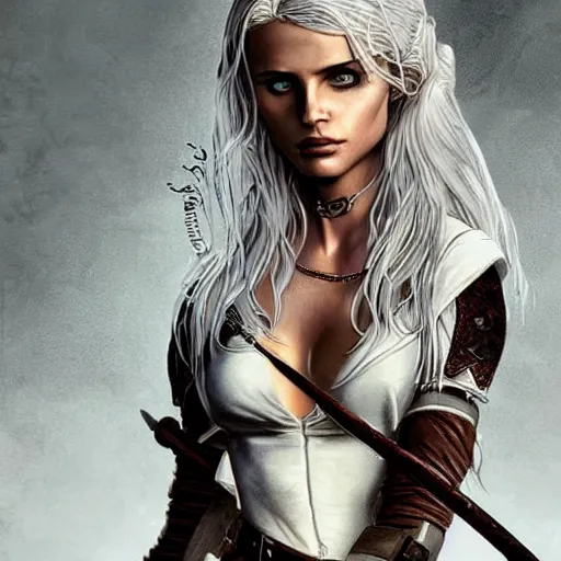 Image similar to Portrait of Abbey Lee as Ciri from The Witcher, brown leather clothes, intricate, elegant, highly detailed, smooth, sharp focus, detailed face, high contrast, dramatic lighting, graphic novel, art by Ardian Syaf and Pepe Larraz,