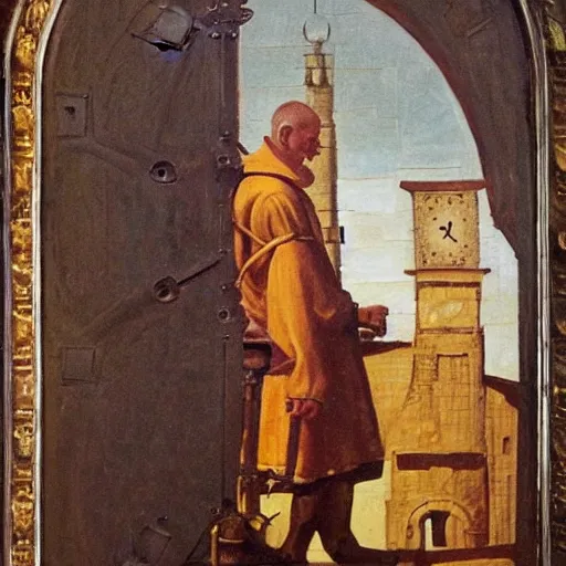 Prompt: medieval monk maintaining an enormous, complex, mechanical clock, oil painting, warm lighting