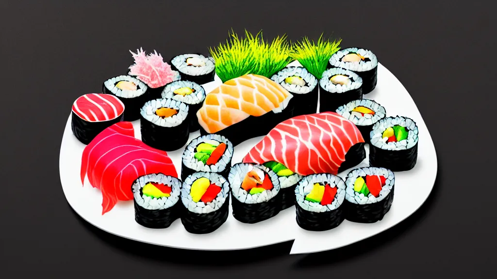 Image similar to an arrangement sushi, japan, a collage painting, in the style of wes anderson, lola dupre, david hockney, isolated on negative white space background dark monochrome neon spraypaint accents volumetric octane render