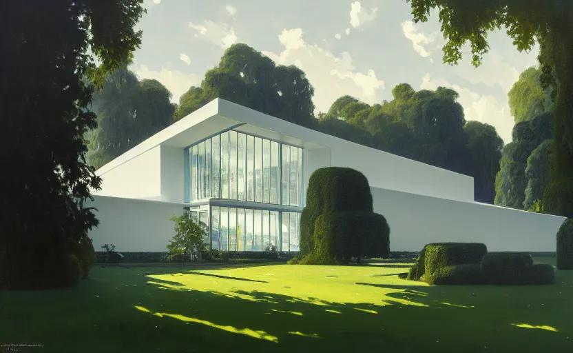 Prompt: painting of a wide angle exterior shot of a white modern architecture in the middle of an english garden with cinematic lighting by peter zumthor and renzo piano, darek zabrocki and greg ruthkowski, alphonse mucha, simon stalenhag and cinematic and blue cold atmospheric, archillect concept art, artstation, trending on artstation