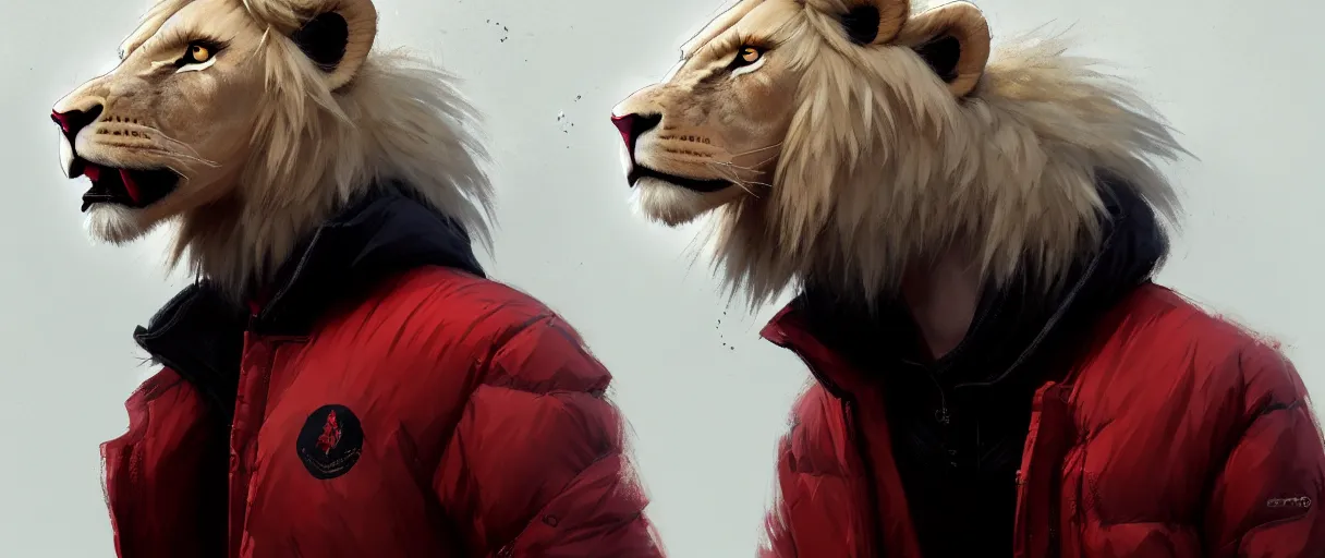 Image similar to commission portrait of a male anthro albino lion wearing a red-black puffer jacket.dramatic,character design by charles bowater,greg rutkowski,ross tran,hyperdetailed,hyperrealistic,4k,deviantart,artstation,professional photography,concept art