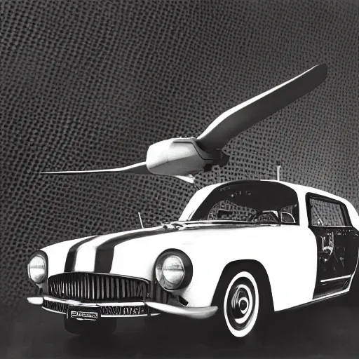 Image similar to an oldie car with wings and turbine, cyber punk, black-white retro photo