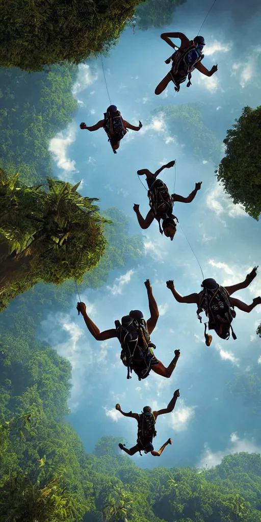 Prompt: downward view of sky divers parachuting downward, Amazon jungle setting, Photorealistic, establishing shot, cinematic lighting, , dramatic lighting, atmospheric, realistic, octane render, highly detailed, color graded, matte painting in the style of craig mullins