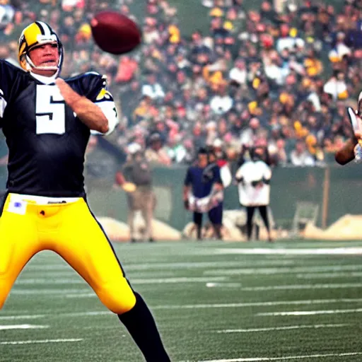 Image similar to brett favre throwing a football to the moon, high resolution, panoramic