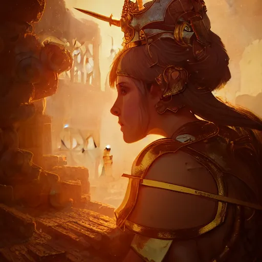 Image similar to An illustrationof a portrait of a Knights of Zodiac girl, fighting at ancinet Agora of Athens, ruins, Golden Light, illustration, art by WLOP, NIXEU and greg rutkowski, volumetric light, lightrays, smoke, cinematic, intricate, hypermaximalist, super detailed