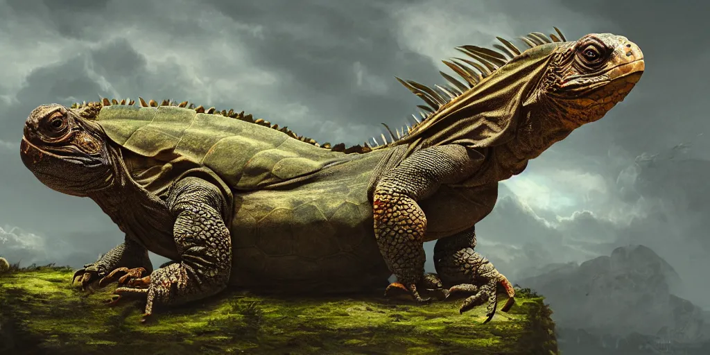 Prompt: a highly detailed matte painting of a giant iguana tortoise with a parrot beak, hd, concept art, artstation, deviantart