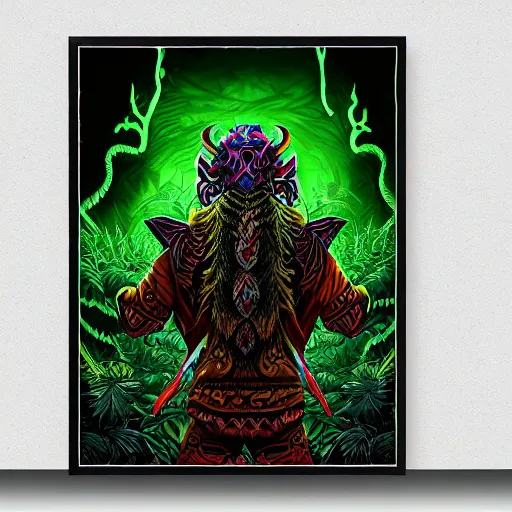 Image similar to back view of barong family member, wiwek, mara demon, one single tribe member, jungle, one single mask, dark, ancient warrior, snake, bull, lizard, alien, dragon, tribal, inner glow, art by dan mumford and justin gerard