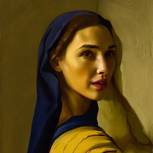 Image similar to a painting of gal gadot in knights armor by vermeer