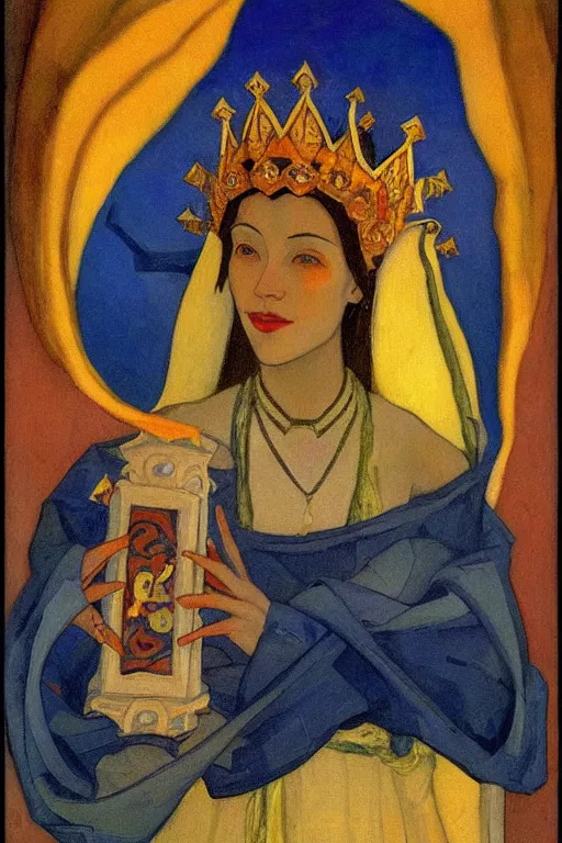 Prompt: lizard queen with her crown and lantern, by Nicholas Roerich and Annie Swynnerton, dramatic cinematic lighting , ornate headdress , flowing robes, sacred artifacts, lost civilizations, smooth, sharp focus, extremely detailed