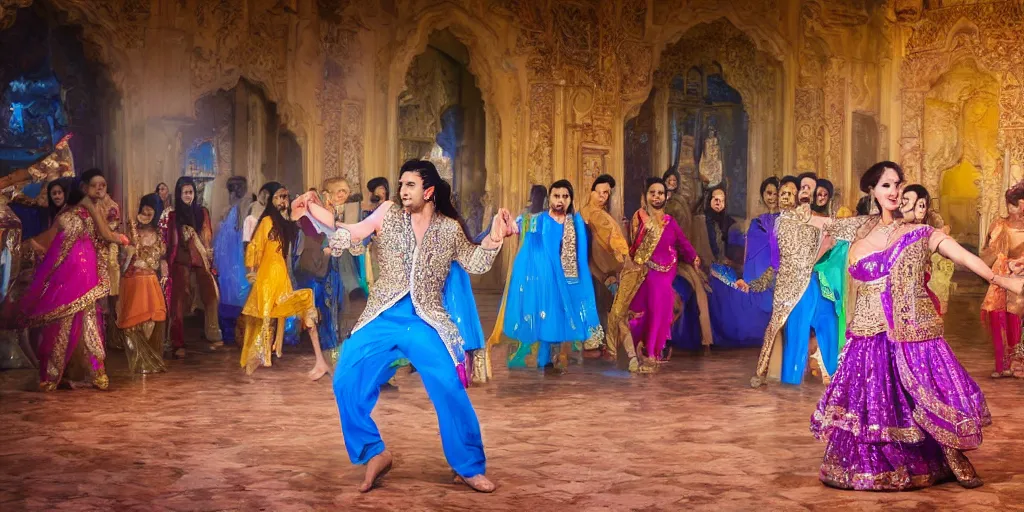 Prompt: bollywood actors dancing during a shoot inside a castle, cheerful colors, blue - white, unreal 5, hyperrealistic, realistic, photorealistic, dynamic lighting, highly detailed, cinematic landscape, studio landscape, studio lighting, 1 0 0 mm