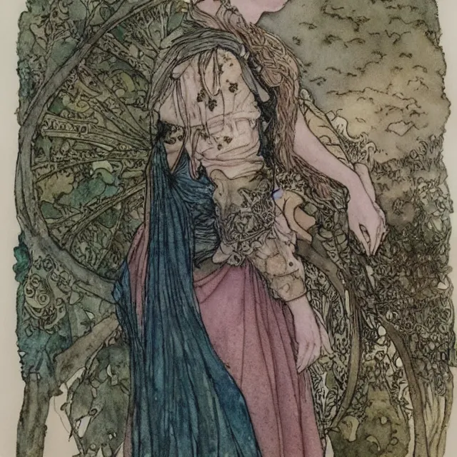 Prompt: a detailed, intricate watercolor and ink portrait illustration with fine lines of young 1 4 year old scarlett johannson looking over her shoulder as a fairytale princess, by arthur rackham and edmund dulac and lisbeth zwerger