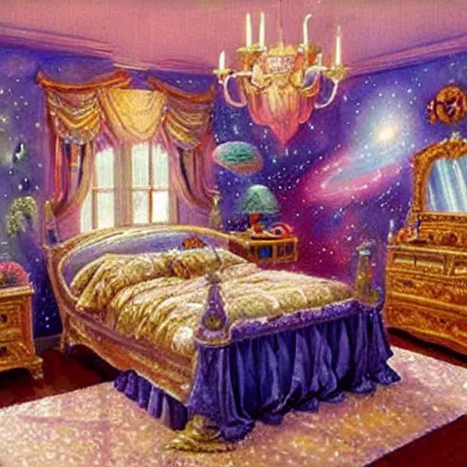 Prompt: a space princess bedroom, painted by Thomas Kinkade