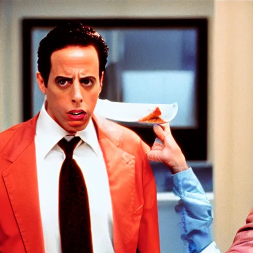 Image similar to film still of Jerry Seinfeld as Patrick Bateman in American Psycho