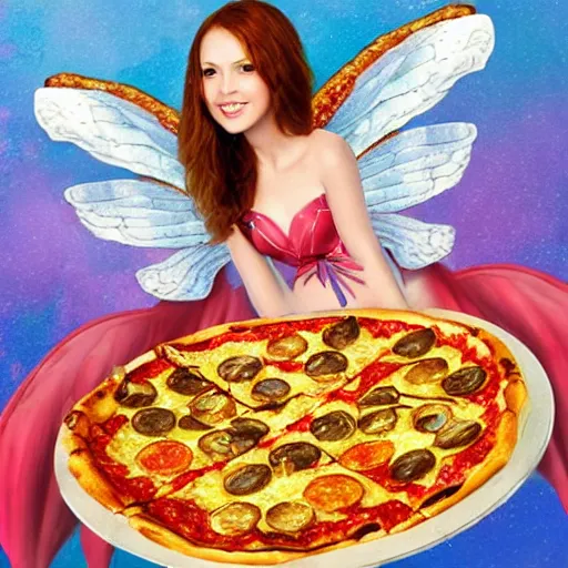 Prompt: fairy with pizza for wings,