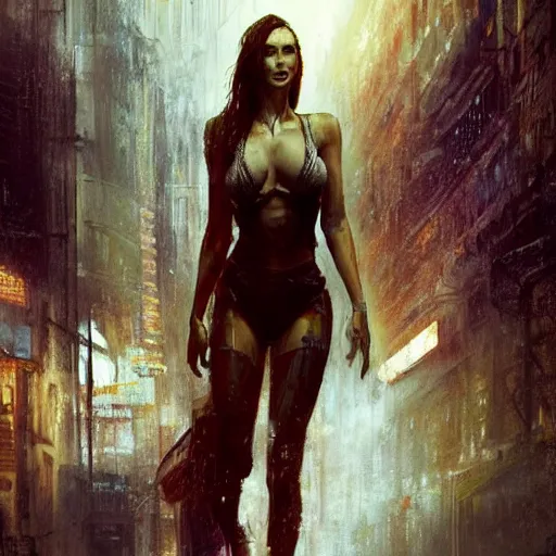 Image similar to bella thorne and megan fox, hyperrealistic full figure, bladerunner street, art of elysium by jeremy mann and frank frazetta, fantasy art, photo realistic, dynamic lighting, artstation, full figure poster, volumetric lighting, very detailed face, 4 k, award winning