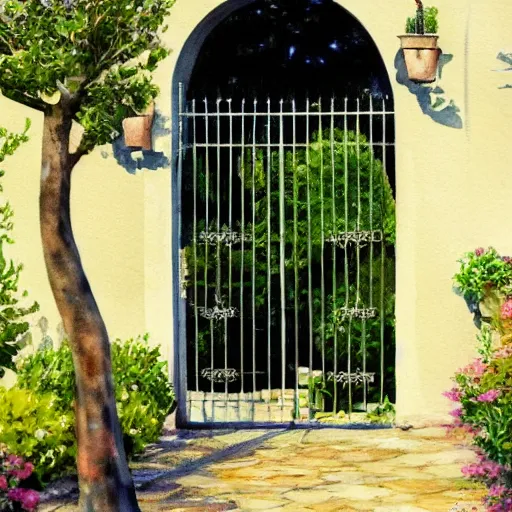 Prompt: delicate, chairs, garden, paved, botanic watercolors oils, iridescent, 8 k, realistic shaded, fine details, artstation, italian, iron gate, tree, mediterranean