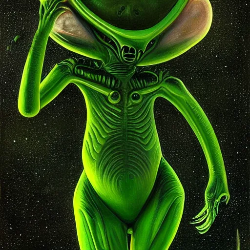 Prompt: a painting of a alien creature with a green background, an ultrafine detailed painting by h. r. giger, artstation, space art, reimagined by industrial light and magic, # vfxfriday, cosmic horror