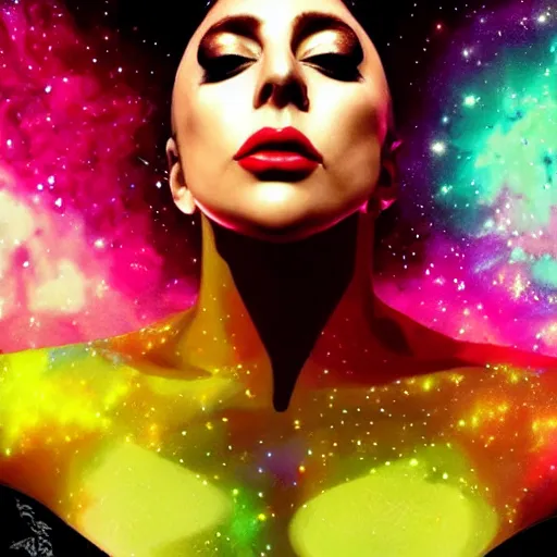 Image similar to lady gaga, lady gaga, lady gaga, galaxies and nebula flowing out of his body, artgerm, psychedelic floral planets, trending on artstation