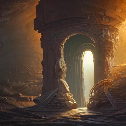 Prompt: A distant and wide angle view of a carved ornate open doorway to eternity found amongst the realms of a forgotten civilization, light iluminating, Concept art, Noah Bradley, Brian Despain, Shaun Tan, digital art, mysterious, otherworldly