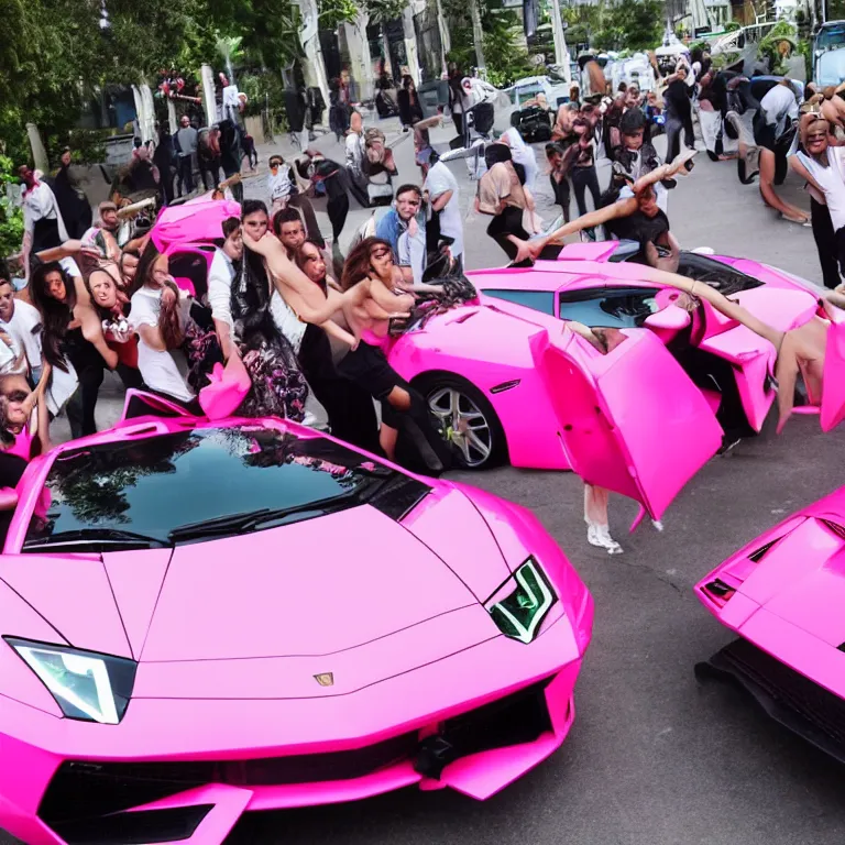 Image similar to a group of people carrying a pink lamborghini