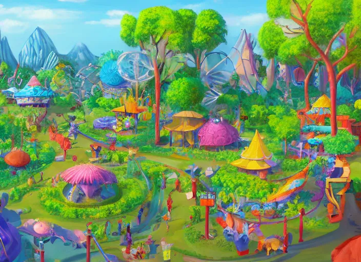 Prompt: enviroment design for a biome for candy kids game, zoo park, top angle, oil painting by jama jurabaev, extremely detailed, brush hard, artstation, for aaa game, high quality, brush stroke