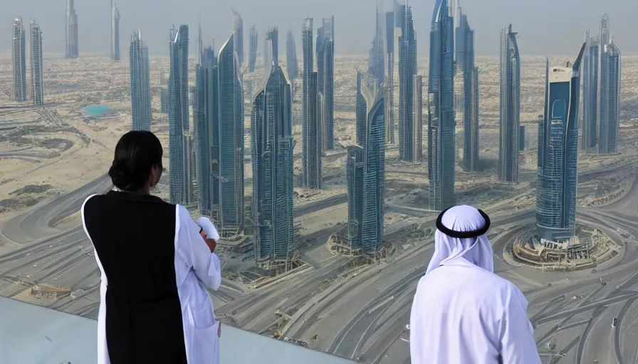 Prompt: a medical laboratory scientist gazing at the dubai skyline