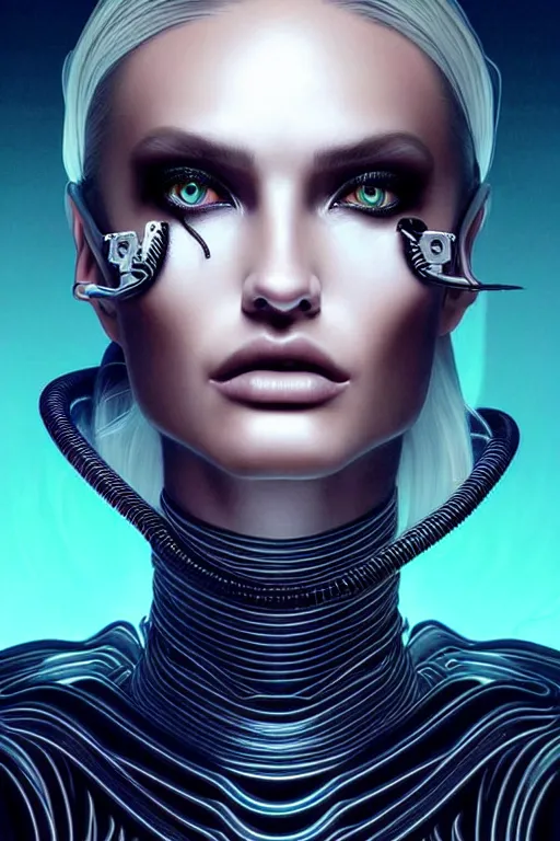 Image similar to Supermodel woman turning into an Android portrait, dark surrealism , scifi, intricate design, elegant, sharp black eyebrows, ornate long flowing platinum neon blonde hair and small black streaks, highly detailed cybernetic body, glowing eyes, digital painting, artstation, concept art, smooth, sharp focus, illustration, art by Artgerm and moebius and Peter Mohrbacher