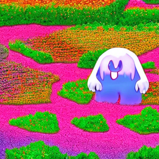 Image similar to A gelatinous monster roaming threw a flower field, landscape