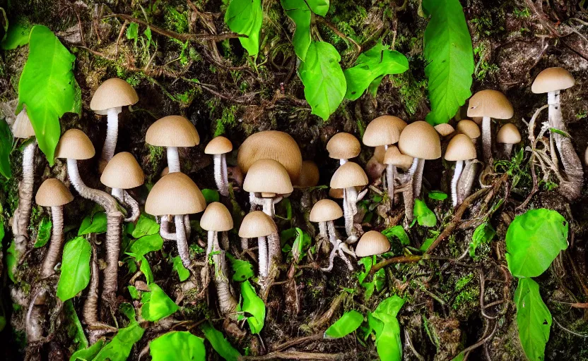 Image similar to a photography of a creepy mushroom family in a rainforest, intricate detail, photorealistic, 2 4 mm mirrorless