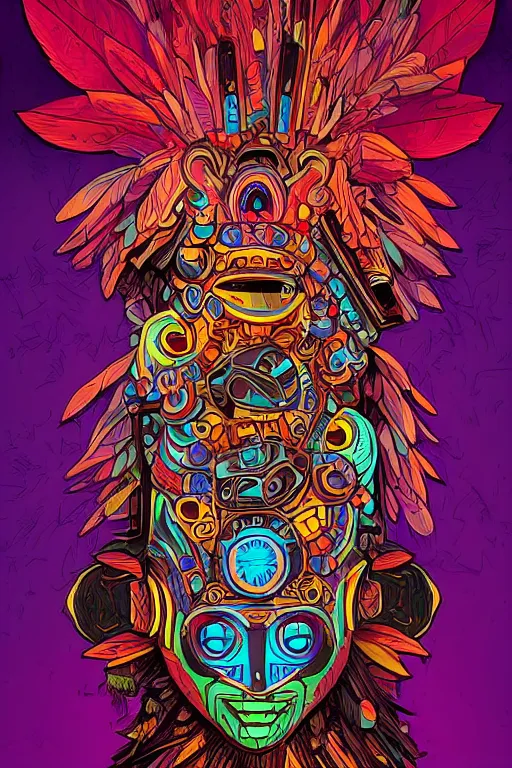 Image similar to totem animal tribal chaman vodoo mask feather gemstone plant wood rock video game illustration vivid color borderlands by josan gonzales and dan mumford radiating a glowing aura