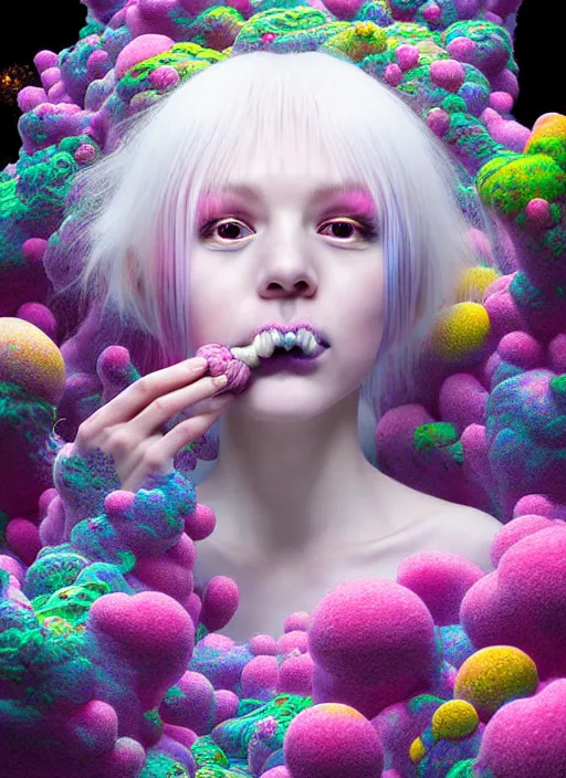 Image similar to hyper detailed 3d render like a Oil painting - kawaii portrait Aurora (white haired Singer Ferret) seen Eating of the Strangling network of yellowcake aerochrome and milky Fruit and Her delicate Hands hold of gossamer polyp blossoms bring iridescent fungal flowers whose spores black the foolish stars by Jacek Yerka, Mariusz Lewandowski, Houdini algorithmic generative render, Abstract brush strokes, Masterpiece, Edward Hopper and James Gilleard, Zdzislaw Beksinski, Mark Ryden, Wolfgang Lettl, hints of Yayoi Kasuma, octane render, 8k