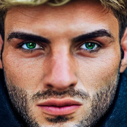 Prompt: close up photo of a handsome mediterranean man, green eyes, short blond hair, realistic, very detailed face, 8 k, symetry!!