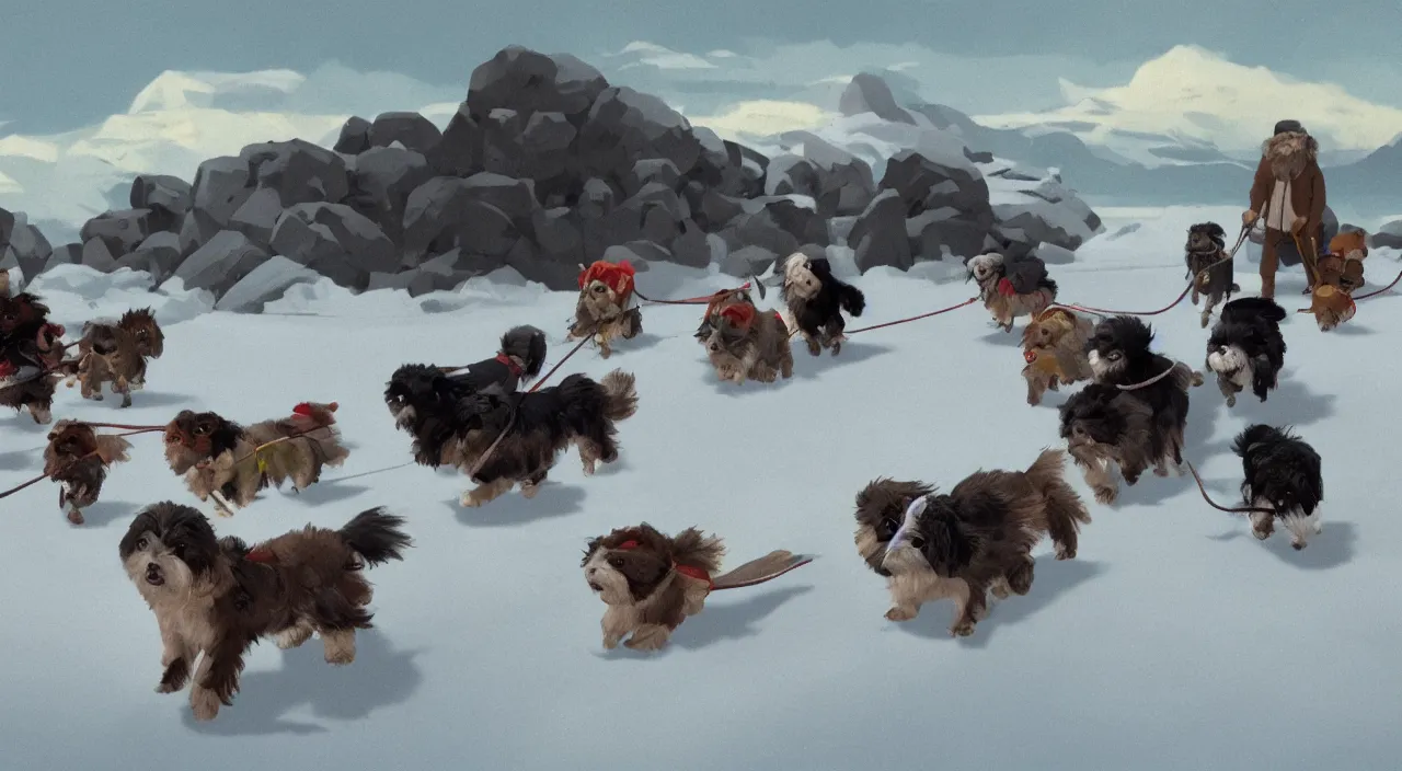 Image similar to havanese dogs and men in the arctic, havanese dogs pulling dog sleds, 1 9 0 0, tartakovsky, atey ghailan, goro fujita, studio ghibli, rim light, bright harsh lighting, clear focus, very coherent