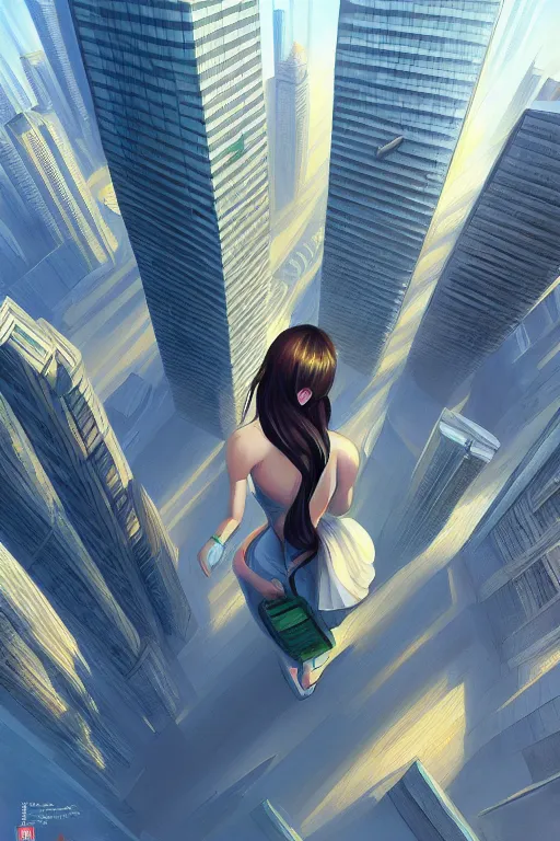 Prompt: beautiful girl the size of skyscrapers walks around the city, top view, highly detailed, digital painting, artstation, sharp focus, illustration, art by tan zi