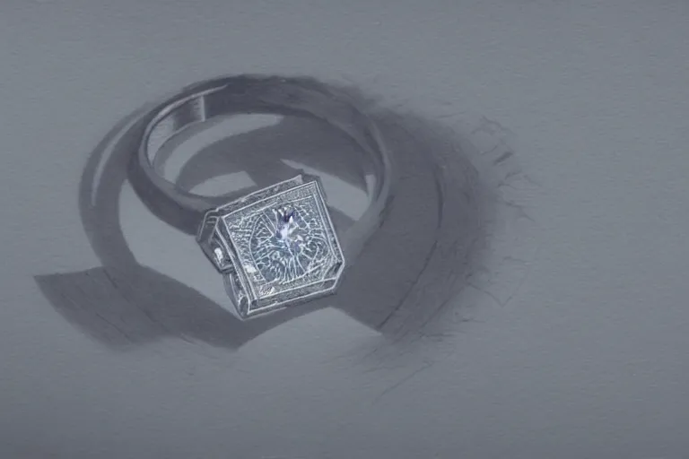 Image similar to magic ring with a diamond, engraving, fire, ice, d & d, close - up, artbook, page, detailed, trending on artstation, cgsociety, ralph mcquarrie and greg rutkowski